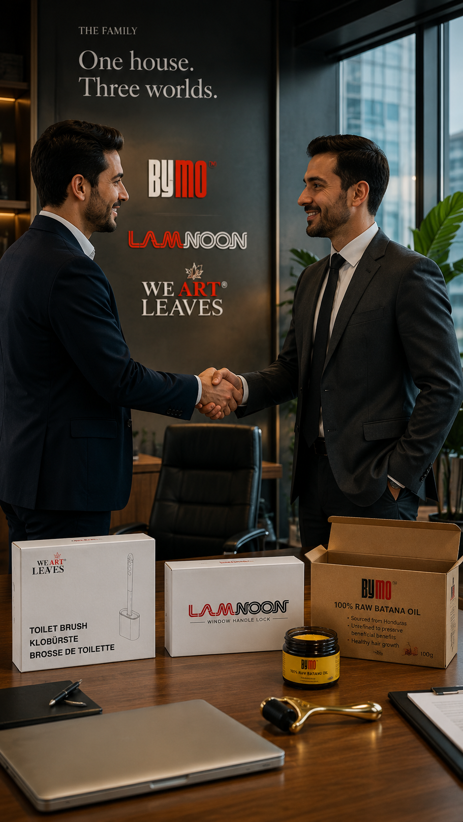 VARTLEAVES partnership — a handshake before the brand wall, with BYMO, LAMNOON and WE ART LEAVES packaging on the table