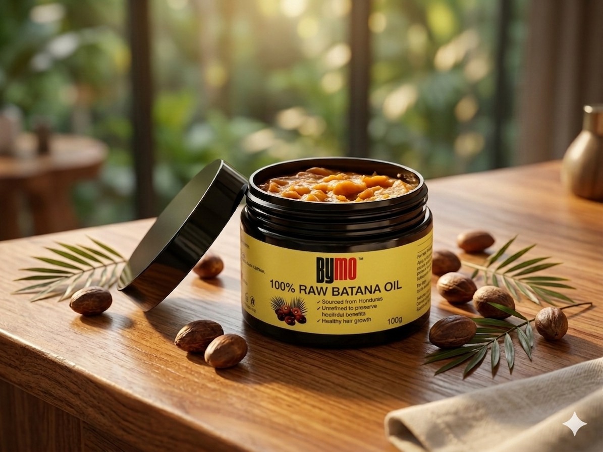 BYMO 100% Raw Batana Oil in amber glass, botanical setting